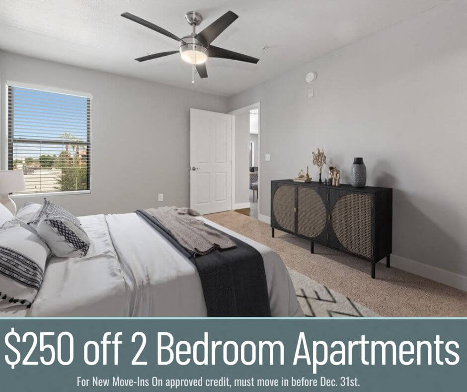 $250 off 2 bedroom apartments. For new move-ins, on approved credit, must move in before Dec. 31st.