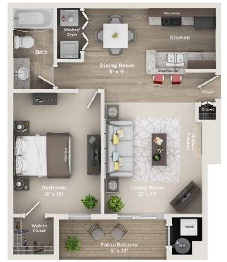 A1: 1 Bed 1 Bath floor plan