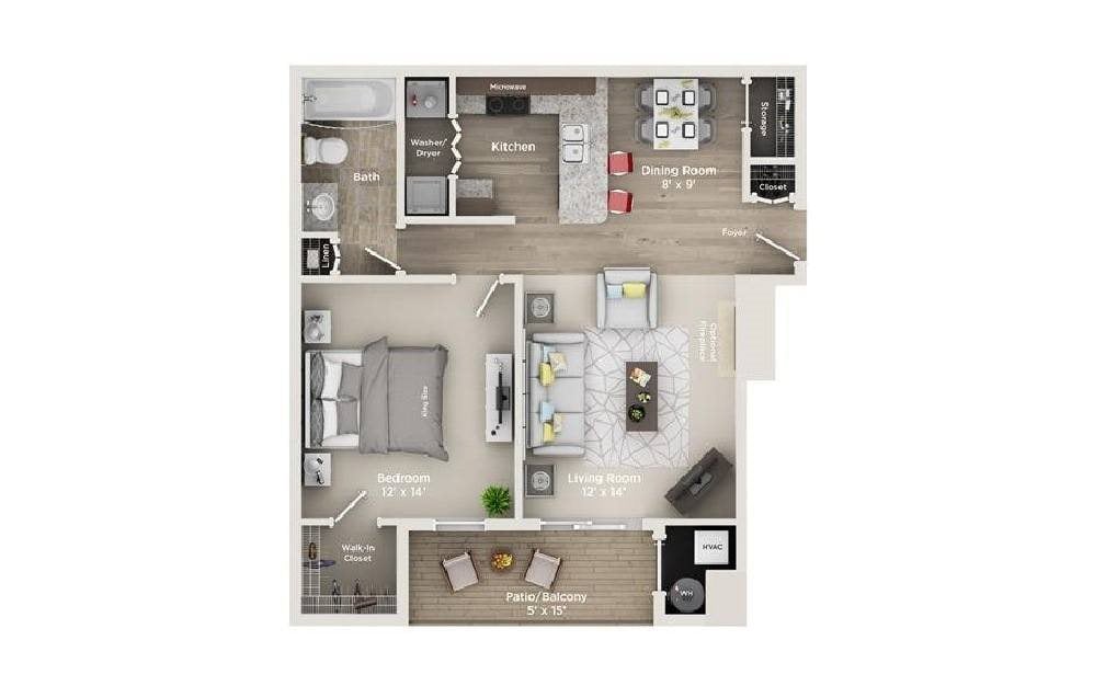 A2: 1 Bed 1 Bath floor plan