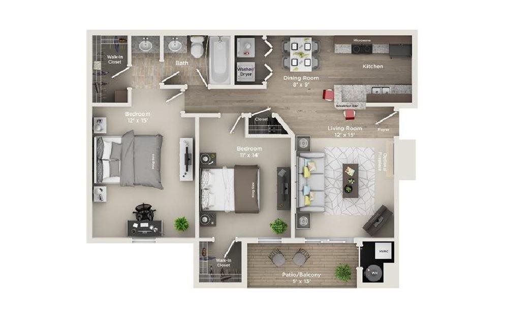 B1: 2 Bed 1 Bath floor plan