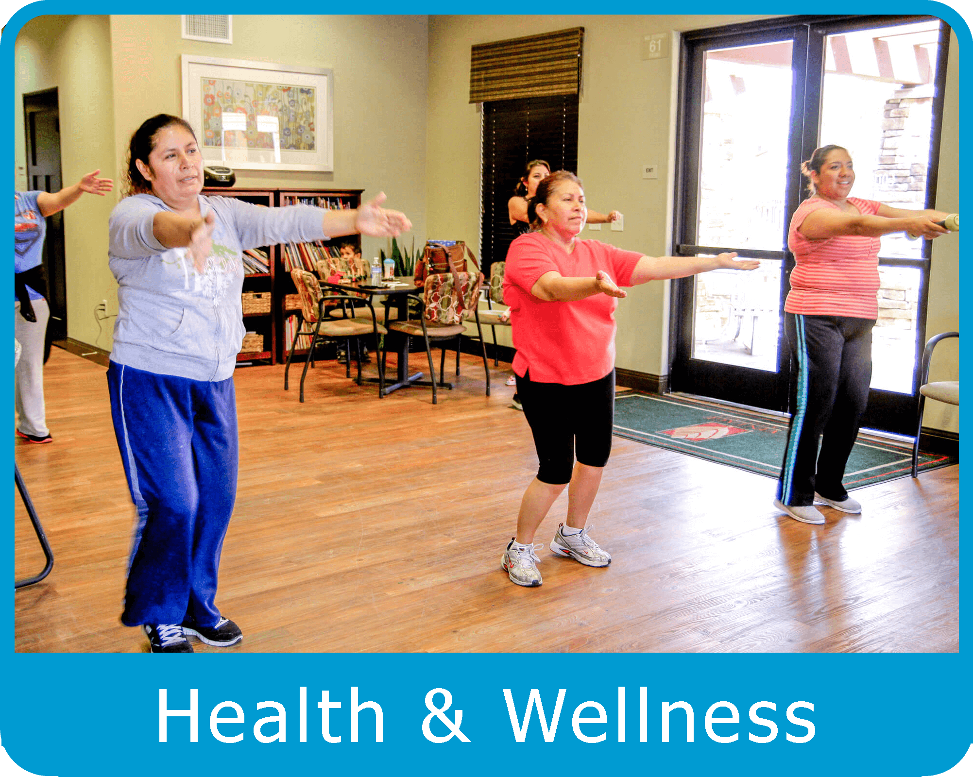5 women doing exercise together in a Project Access fitness class. Health and wellness
