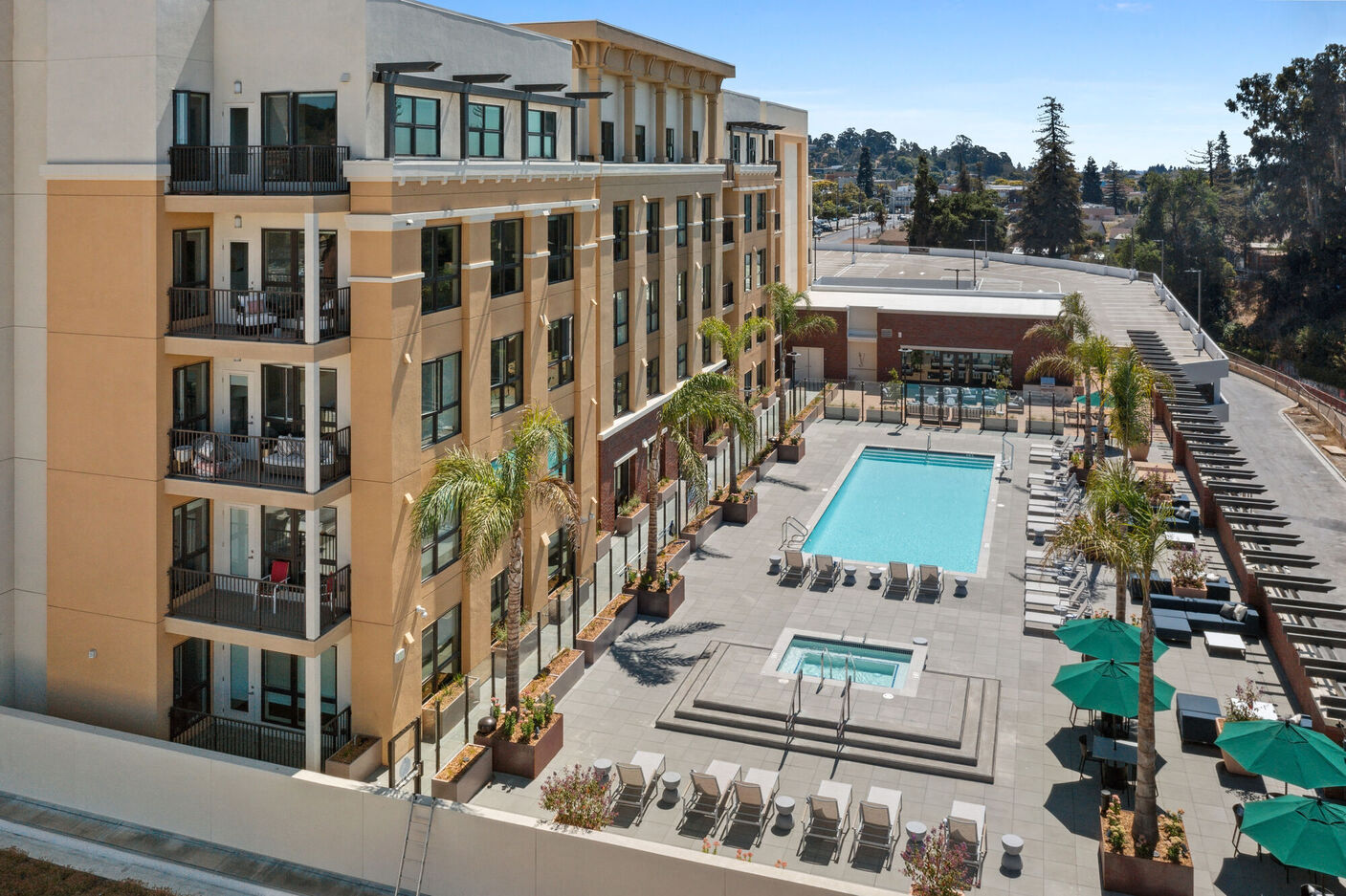 rendering of the exterior of Lincoln Landing apartment and pool