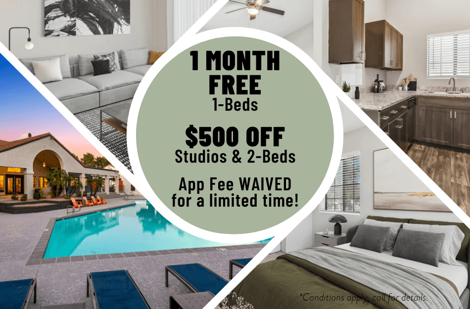 Get a Month FREE on 1 Bedrooms or get $500 OFF Studios and 2 Bedrooms for a Limited Time! Conditions apply, call for details.