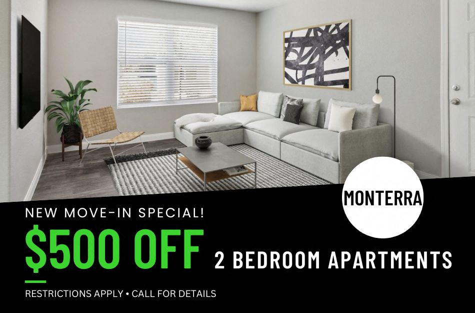 $500 move-in special on 2 bedroom apartments. Restrictions may apply, call for details.