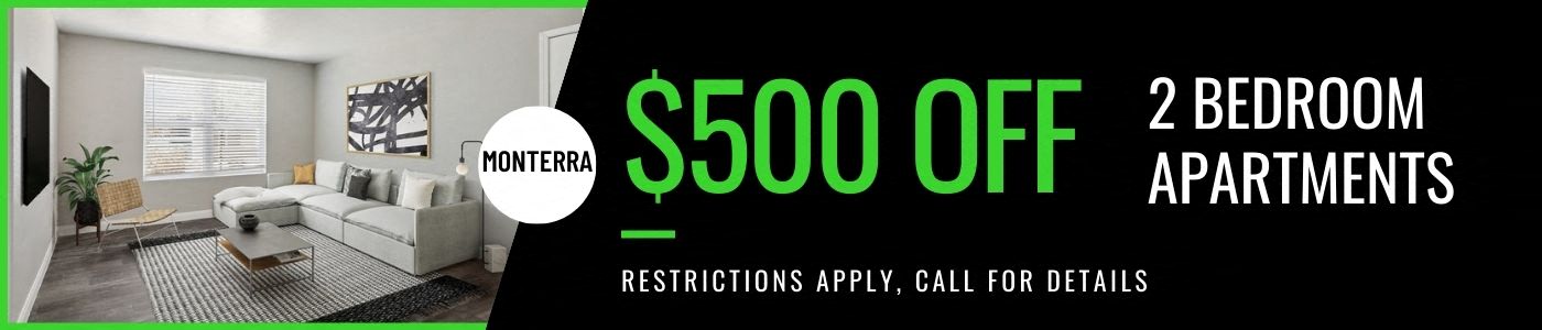 $500 move-in special on 2 bedroom apartments. Restrictions may apply, call for details.