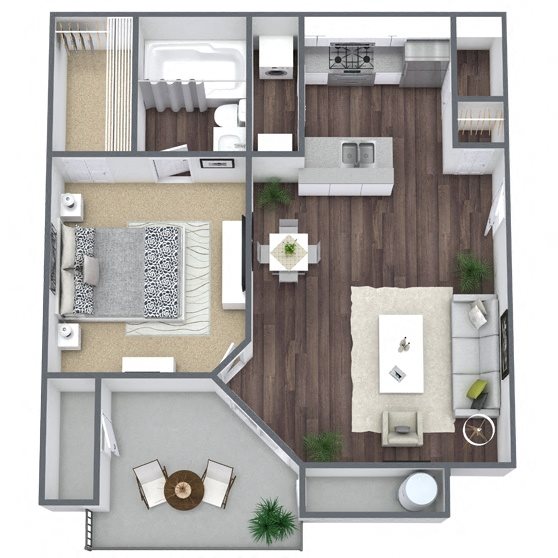 A2: 1 Bed 1 Bath floor plan