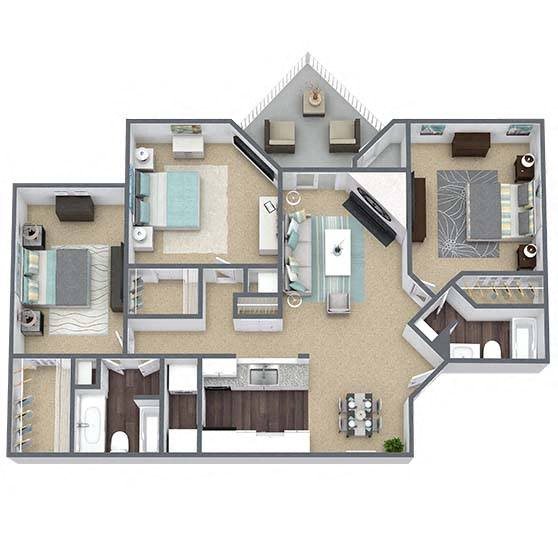 C1: 3 Bed 2 Bath floor plan