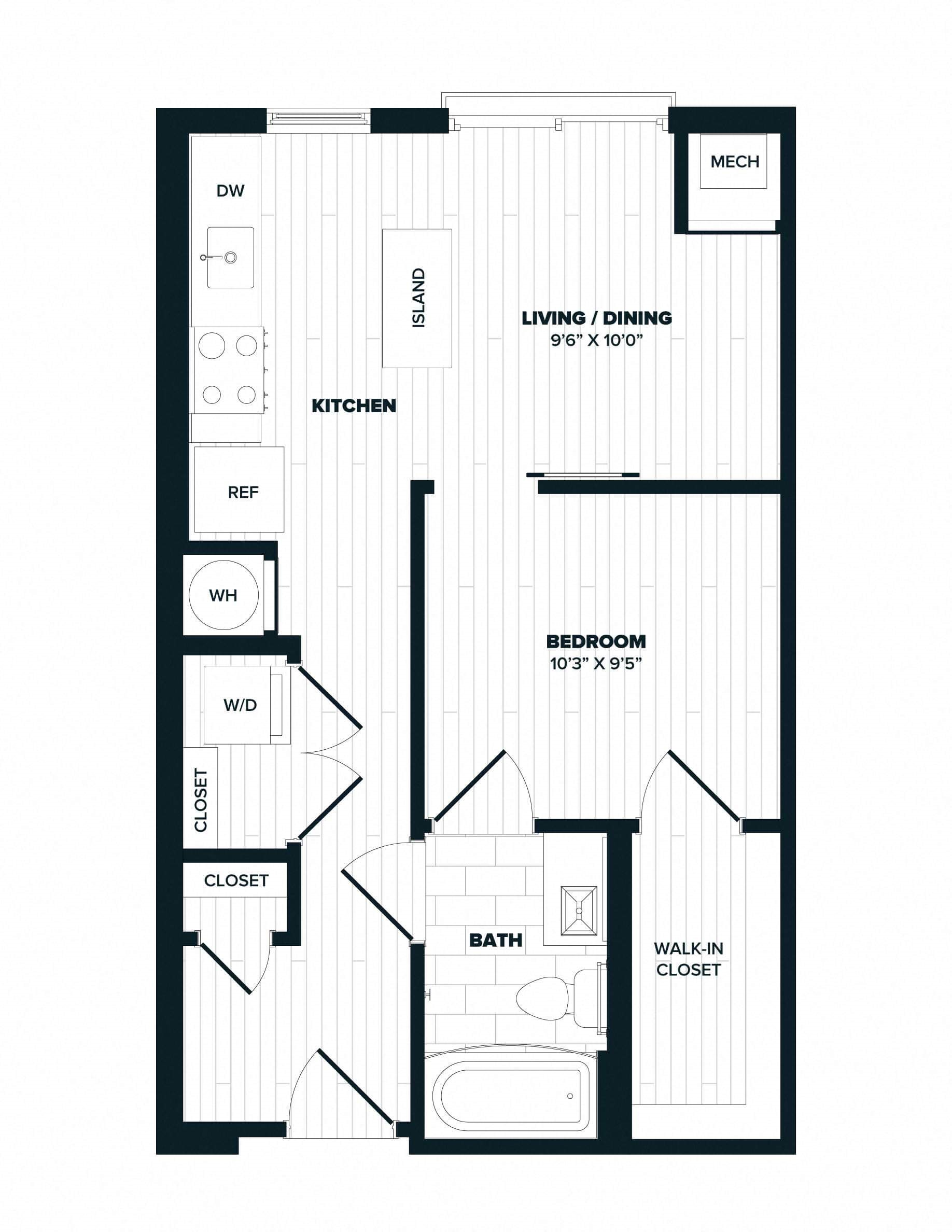 A2: 1 Bed 1 Bath floor plan