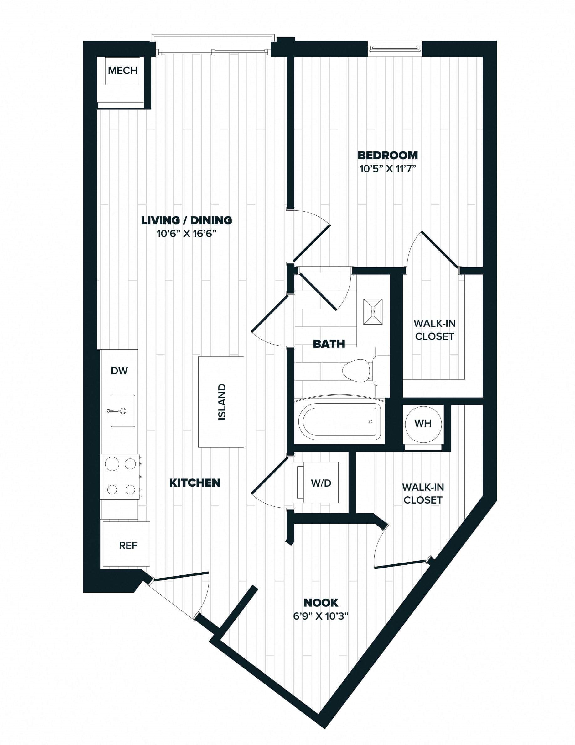 A13: 1 Bed 1 Bath floor plan