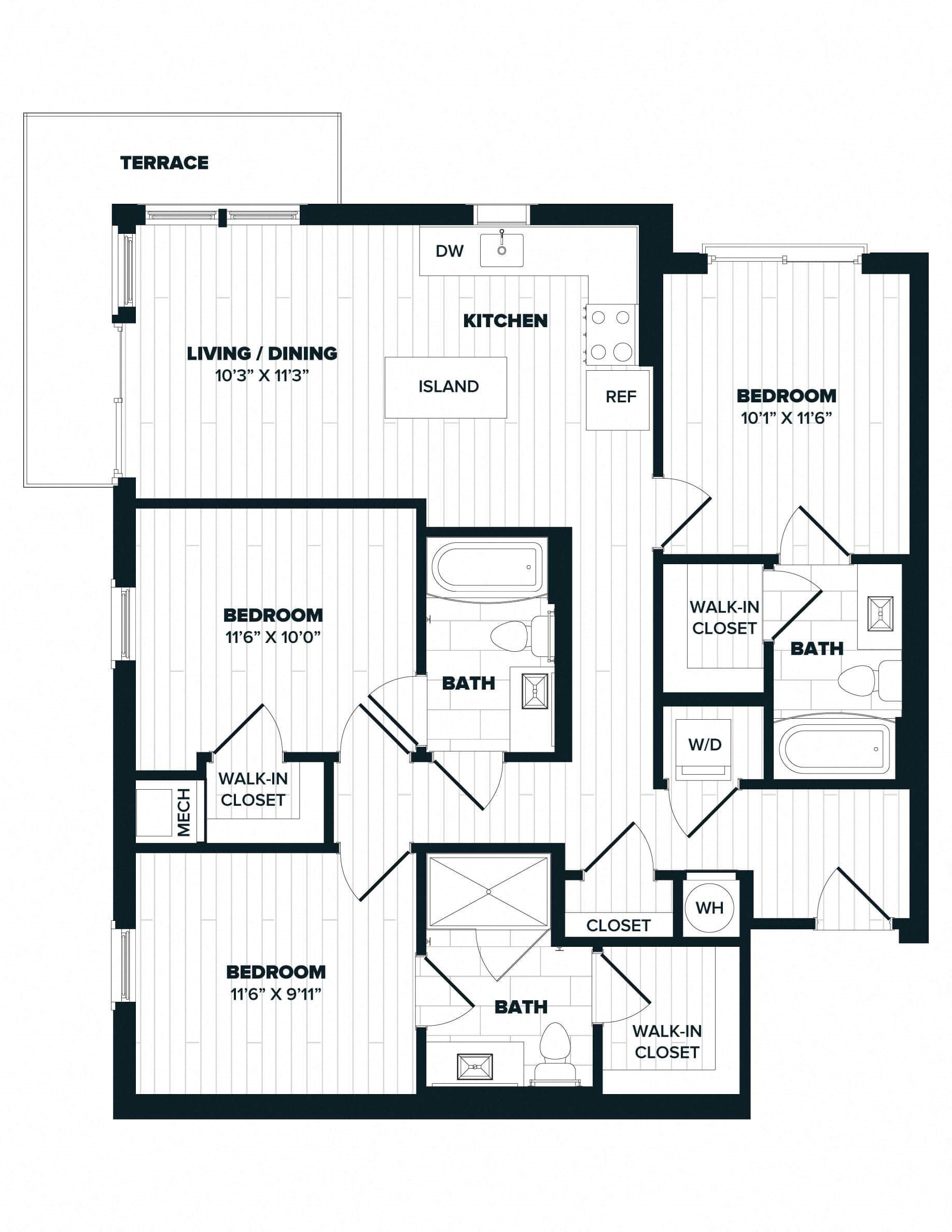 C2: 3 Bed 3 Bath floor plan