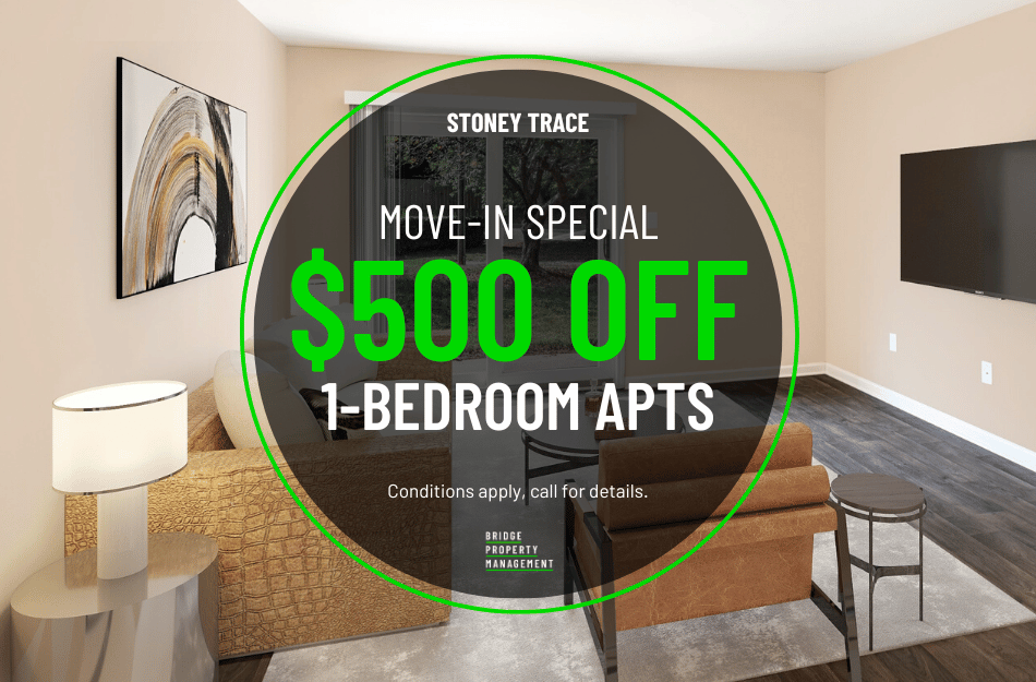 $500 OFF 1-bedroom apartments at Stoney Trace. Conditions apply, call for details.