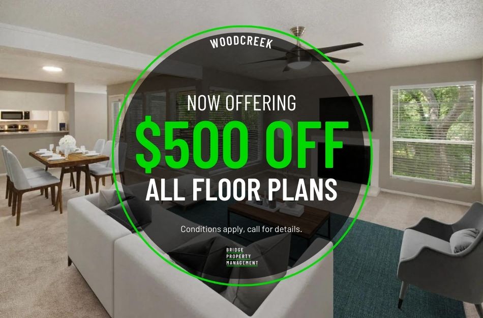 Get $500 off all floor plans at Woodcreek Apartment Homes! Restrictions apply, call for details.