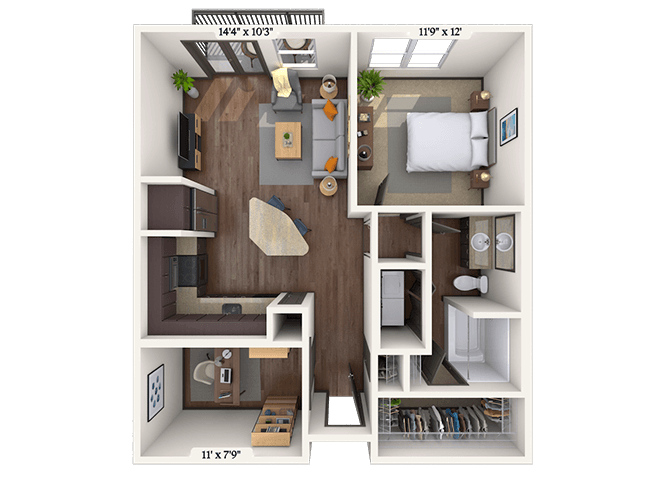Traditional 1x1 803-857 SF floor plan