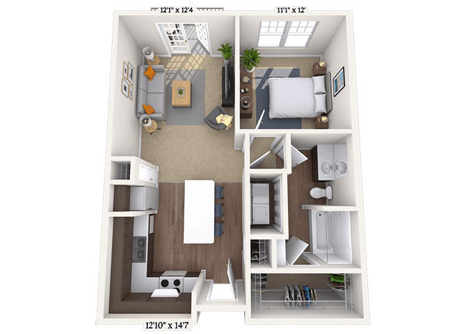 Traditional 1x1 657-743 SF floor plan