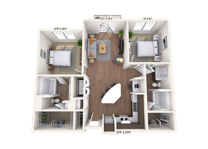 Traditional 2x2 1043-1162 SF floor plan