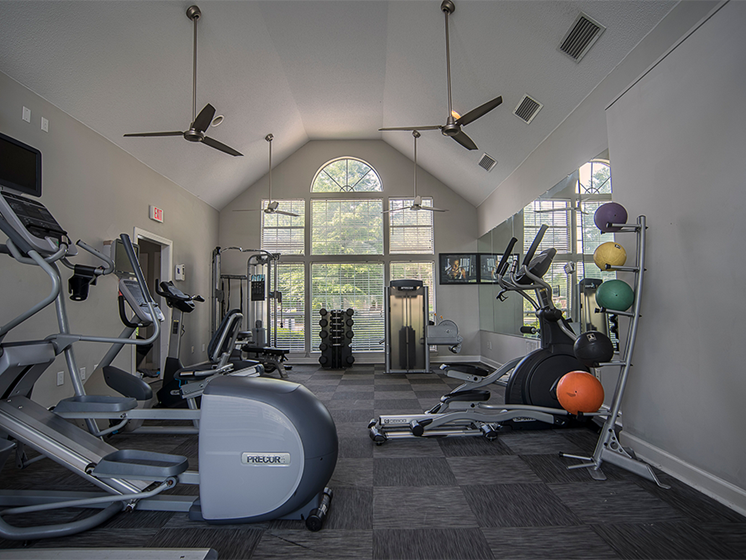 Our state-of-the-art fitness center. Treadmills, ellipticals, free weights, carpet flooring, large window, exercising balls.