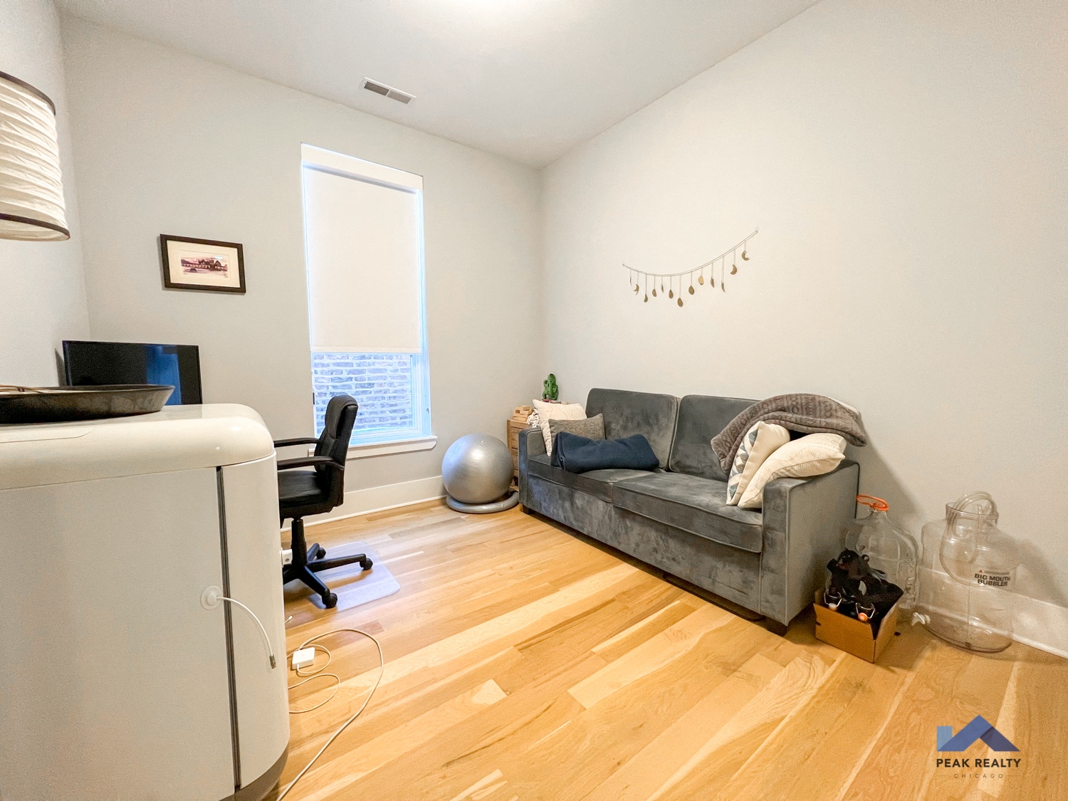 a living room with hardwood floors and a gray couch