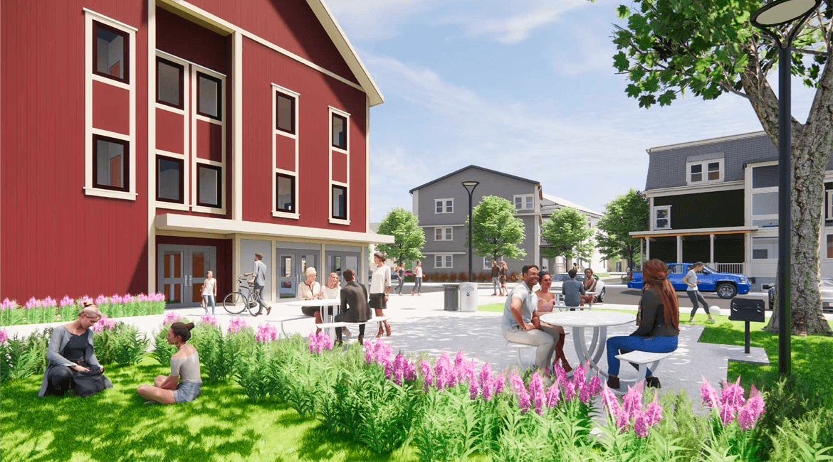Rendering of greenspace and building exteriors,