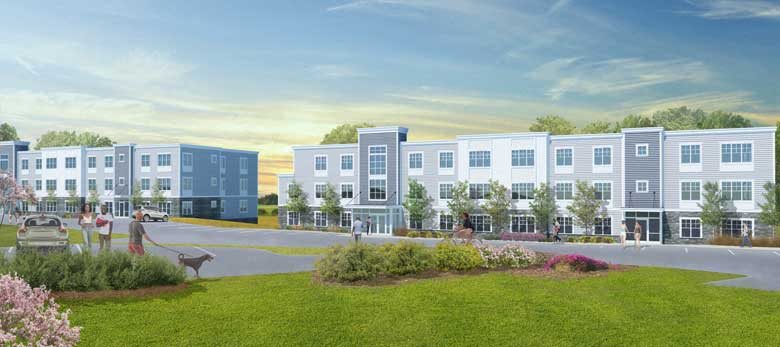 Rendering shows two 3-story buildings, diverse community, professional landscaping