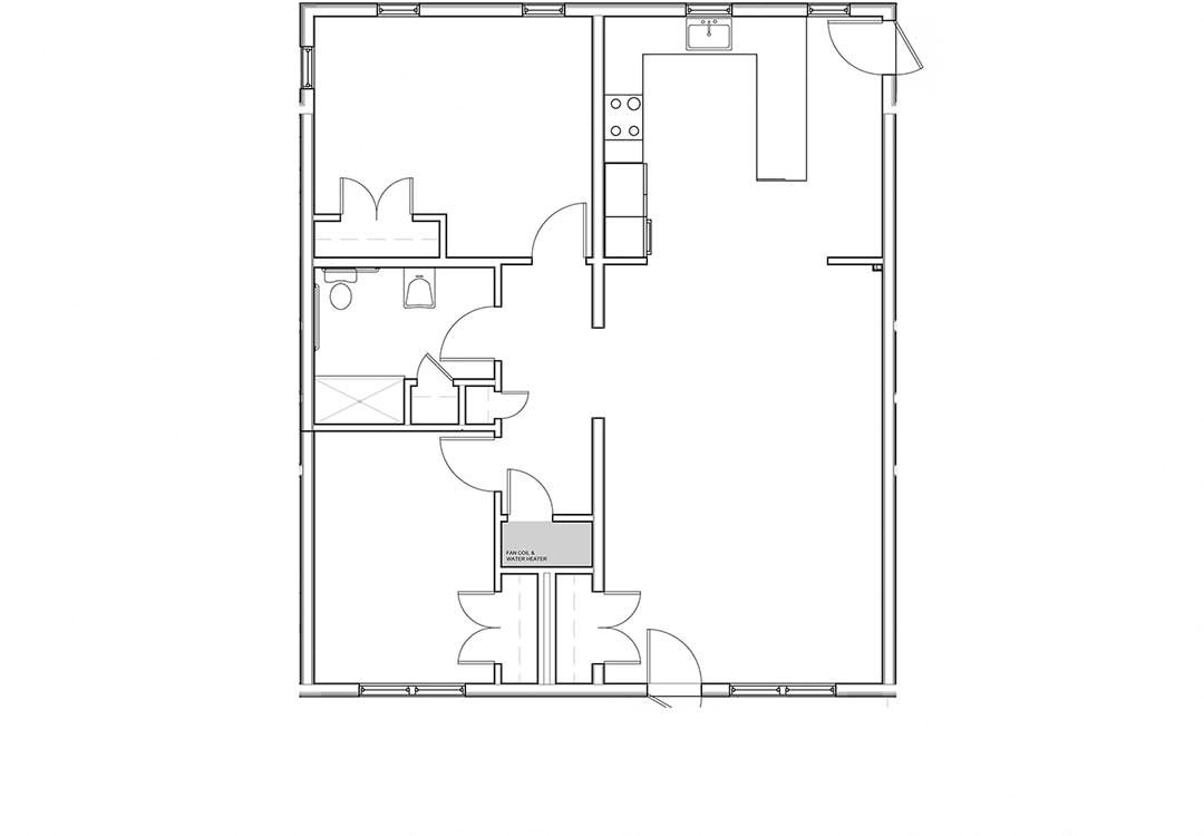 Two Bedroom Flat Open kitchen and living space, beds and bath to one side of unit.