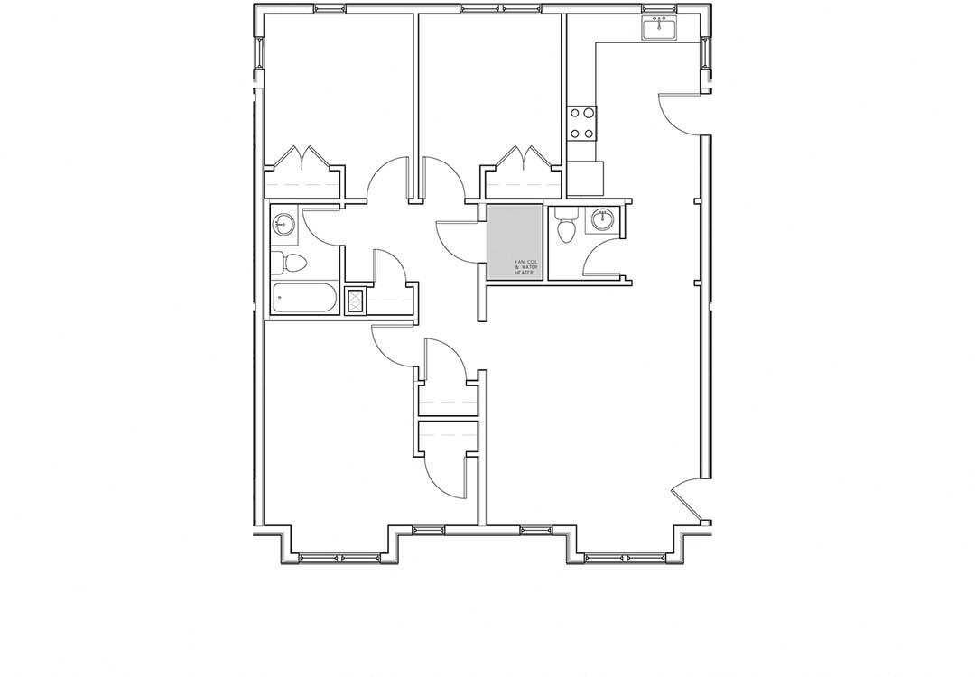 Three Bedroom Flat One floor, living and half bath to one side of unit, beds and full bath to the other side.