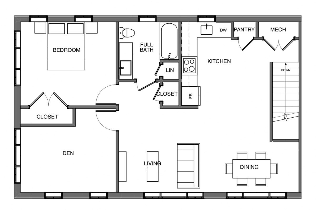 Upper level one-bedroom Enter upstairs unit into kitchen, living space to your left, bathroom, den and bedroom through living room to the right. Lots of windows and closet space.