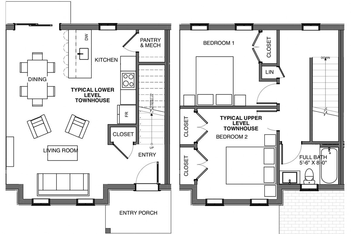 Typical Two-Bedroom Townhouse Two level apartment with bedrooms upstairs