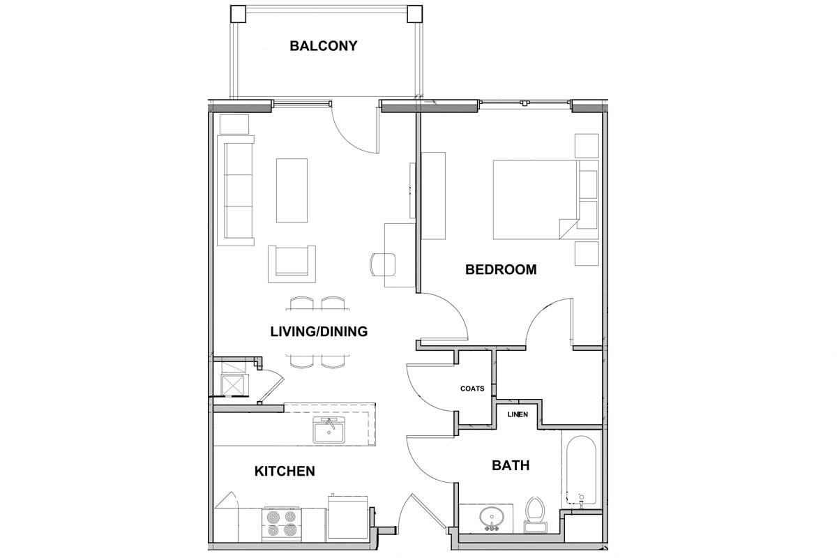 Floor Plan for Typical One-Bedroom Enter by kitchen and bath, move forward into living space with balcony access, bedroom on the right.