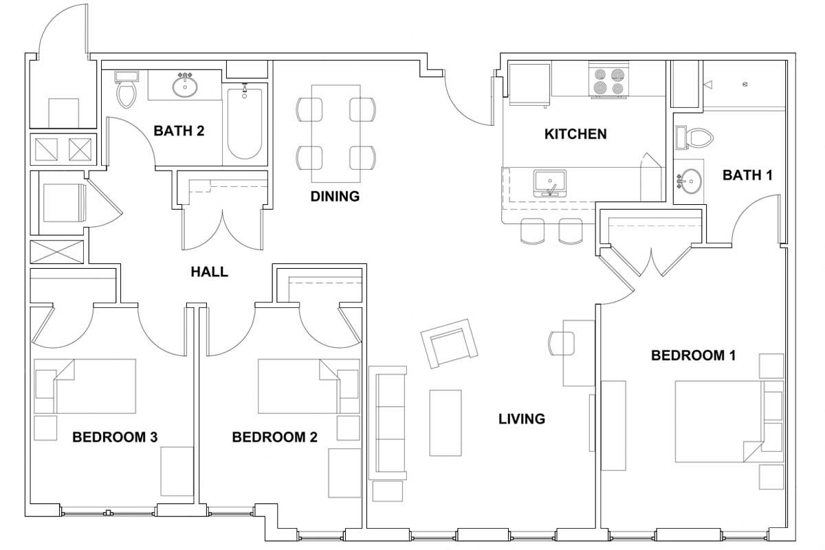 Floor Plan for Typical Three-Bedroom Enter by kitchen and dining space, overlooking living room, master bed and bath on the left, two bedrooms and main bath on right.