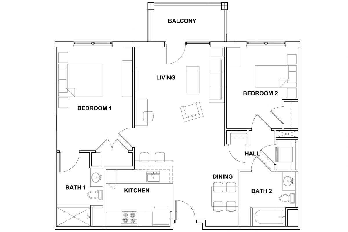 Floor Plan for Typical Two-Bedroom Enter by kitchen and dining space, overlooking living room and balcony, with master bed and bath on the left and second bed and main bath to the right.