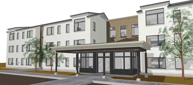 Architectural rendering of three story building with a large covered entryway.