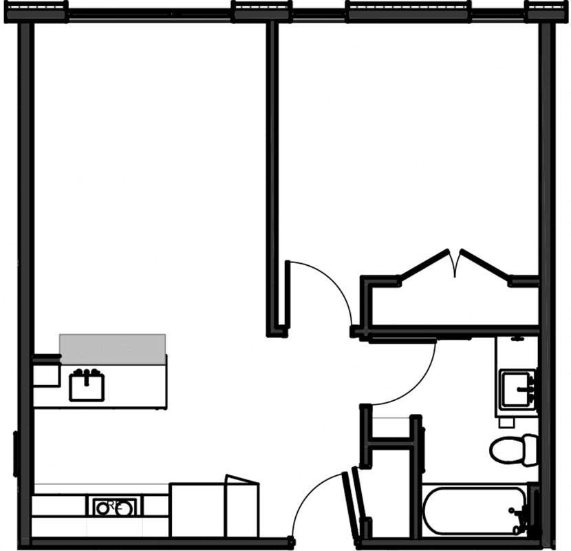 One Bedroom Floor plan features breakfast bar and open living space.