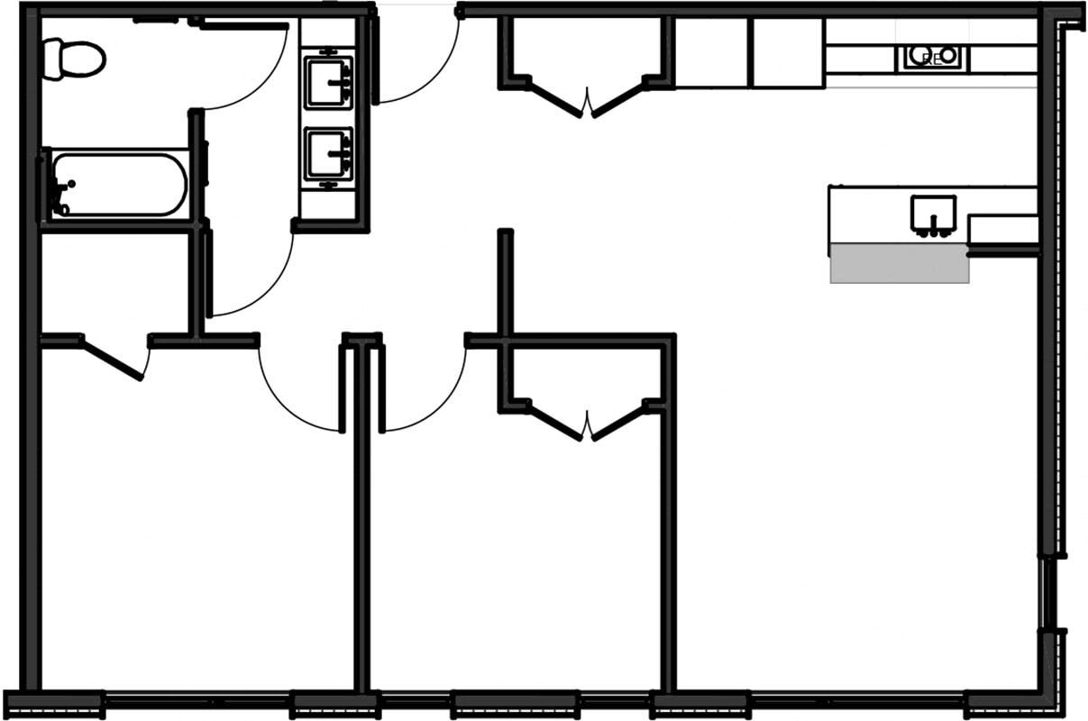 Two bedroom Floor plan features breakfast bar and open living space.