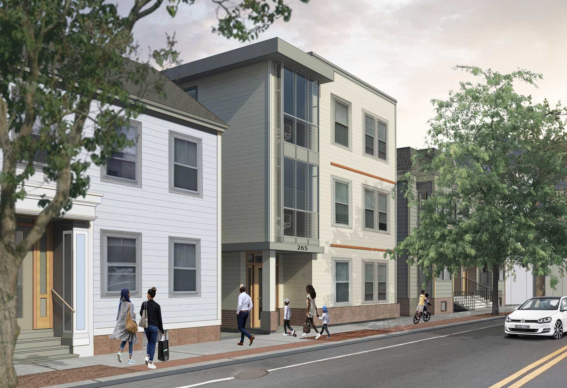 Modern 3 story building nestled into a quiet residential neighborhood