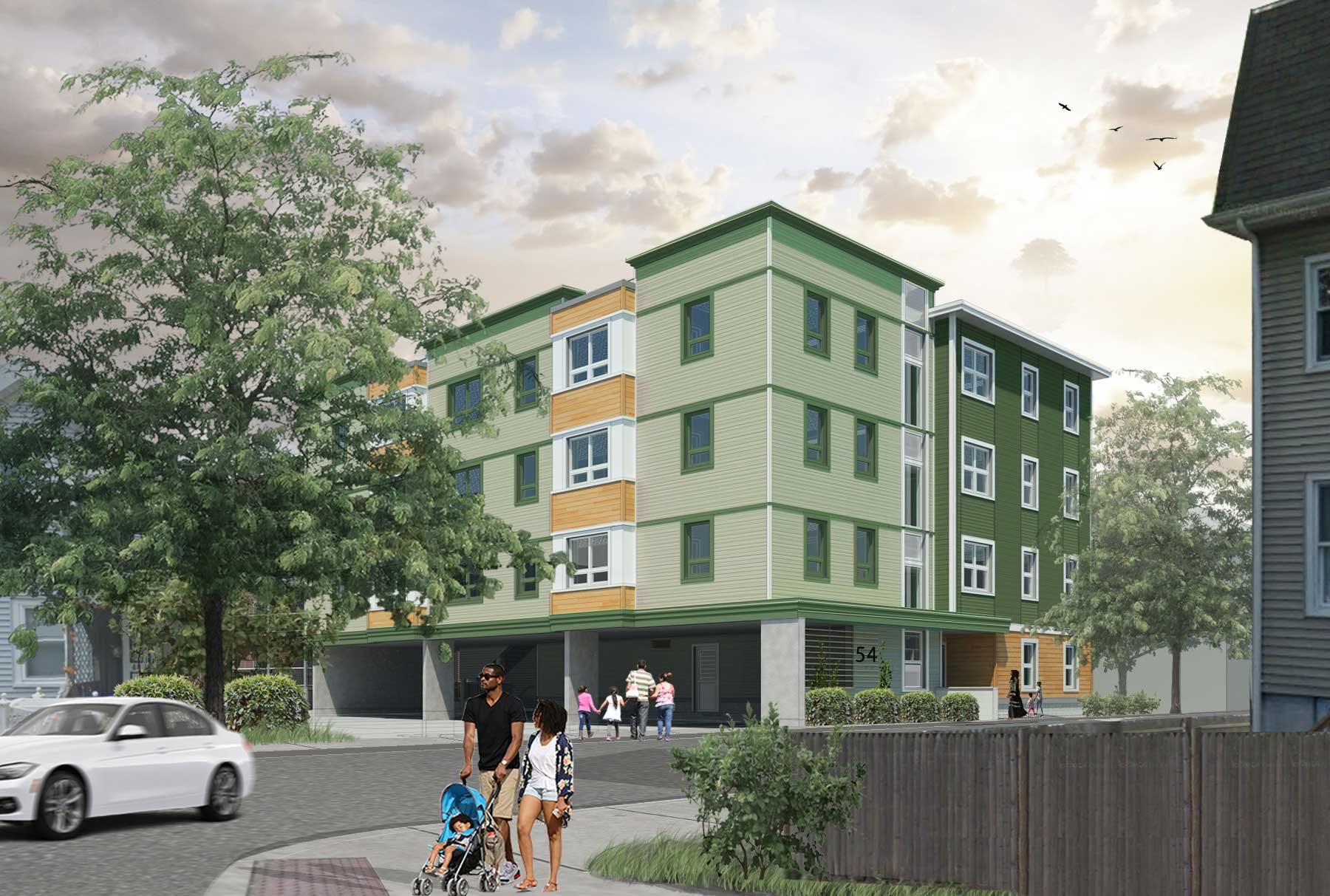 Modern 4 story building in a quiet residential neighborhood