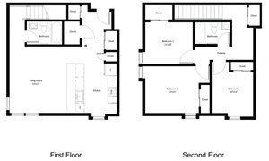 Open living space and full bath on first level. Bedrooms and full bath on upper level.