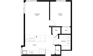Enter by kitchen, open floor plan, corner windows, bed and bath to the right.