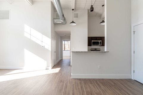 Modern plank flooring, oversized windows, high ceilings with exposed loft features