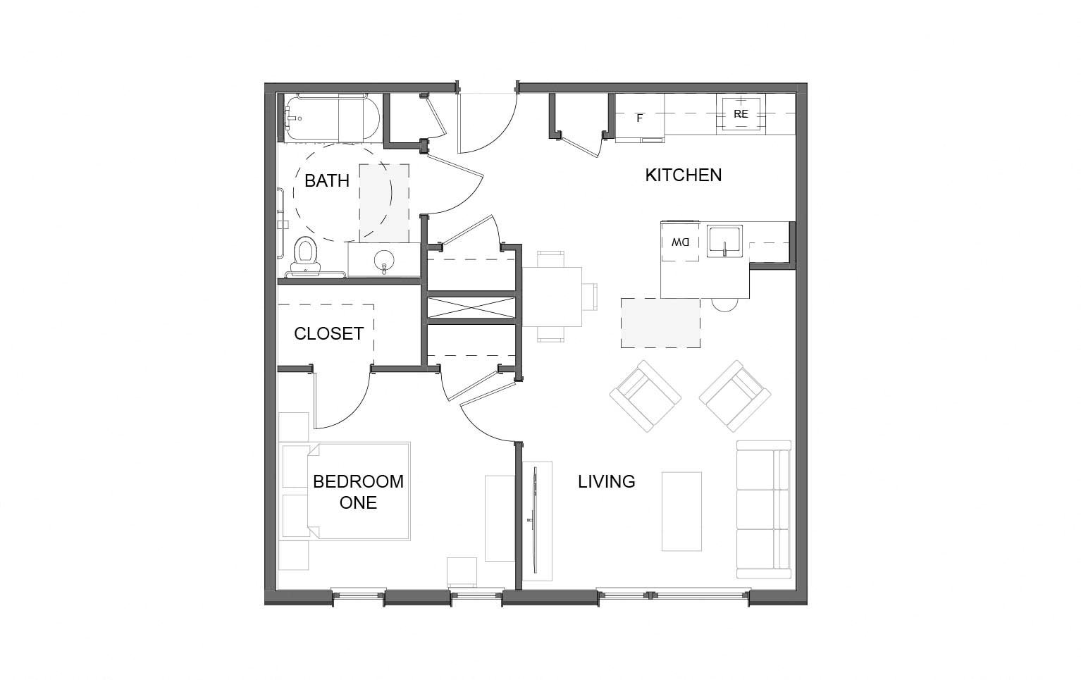 One bedroom floor plan One bedroom floor plan featuring plentiful closets and open living and kitchen area