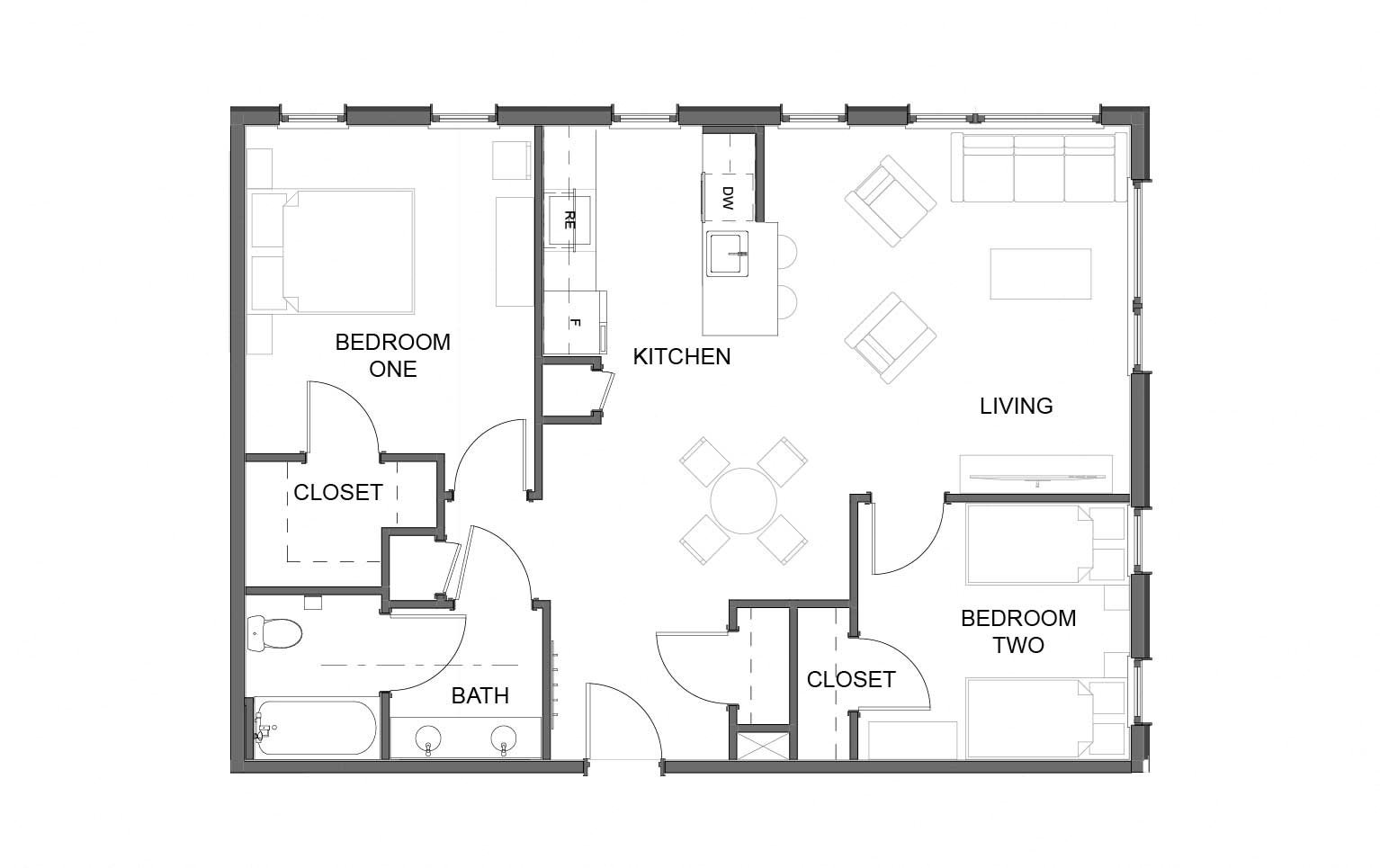 Two bedroom corner unit floor plan Two bedroom corner unit floor plan.