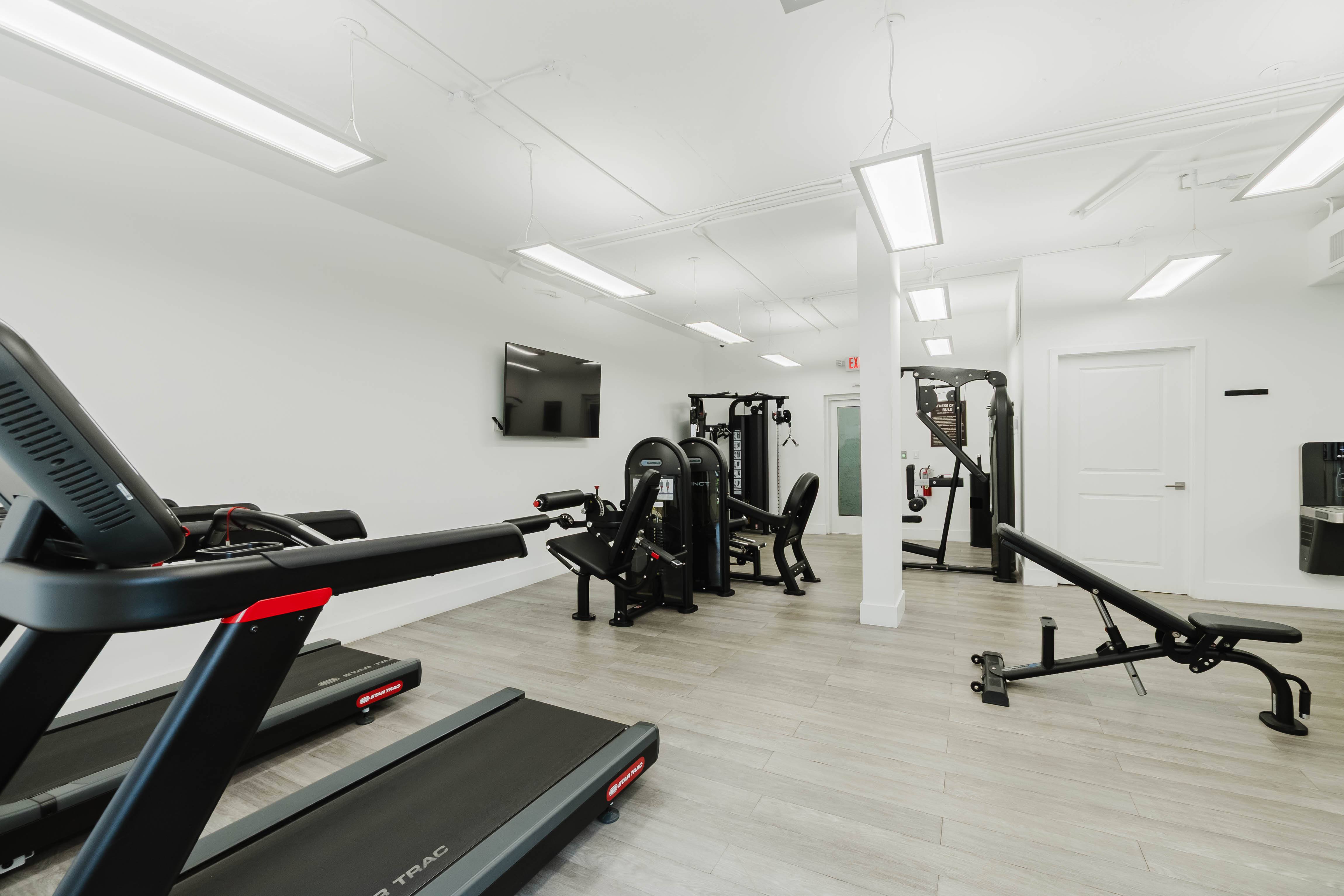 A gym with treadmills, weights, and exercise equipment.