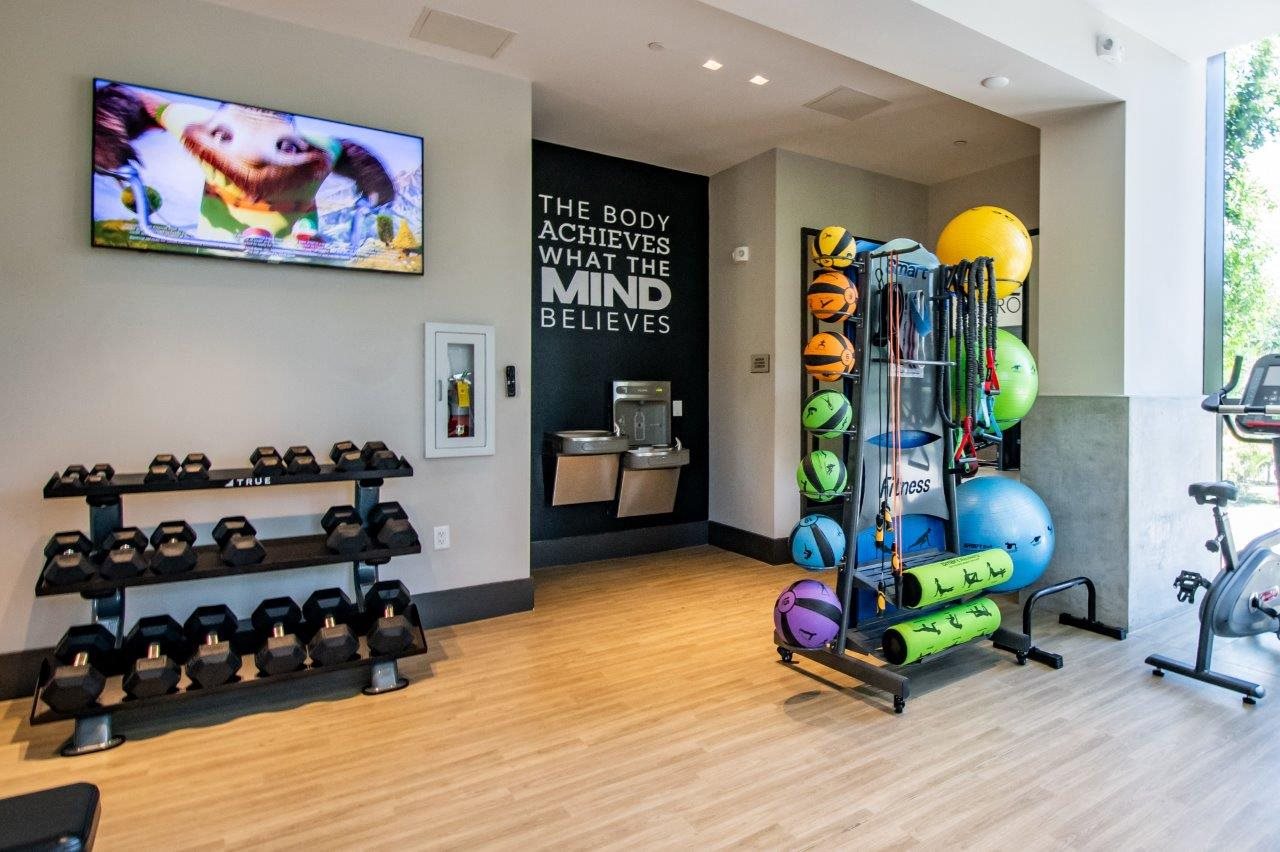 a gym with weights and a tv on the wall