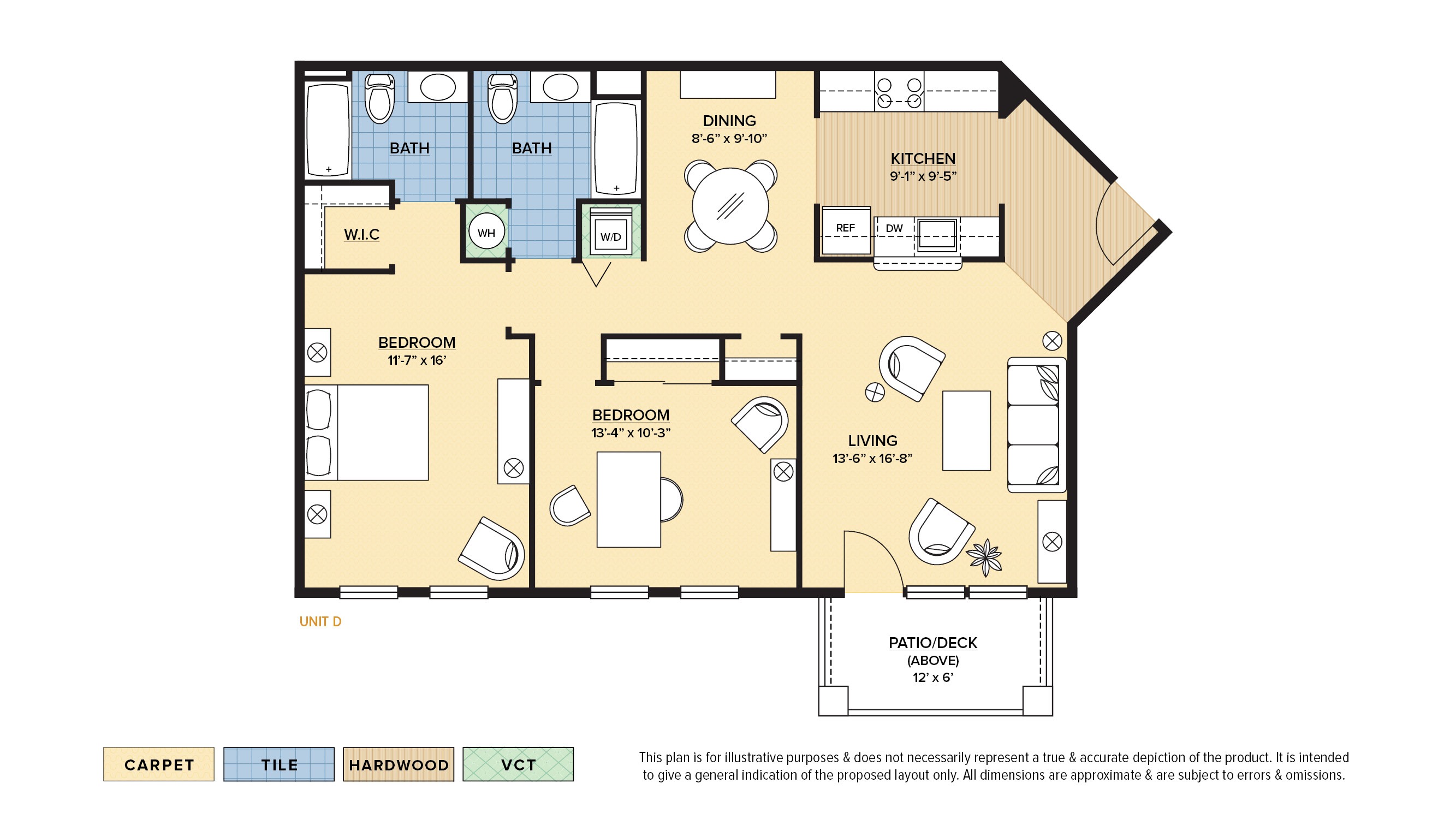 The Dorsey 55+ active adult apartment floor plan with 2 bedrooms, 2 baths, and a patio/balcony