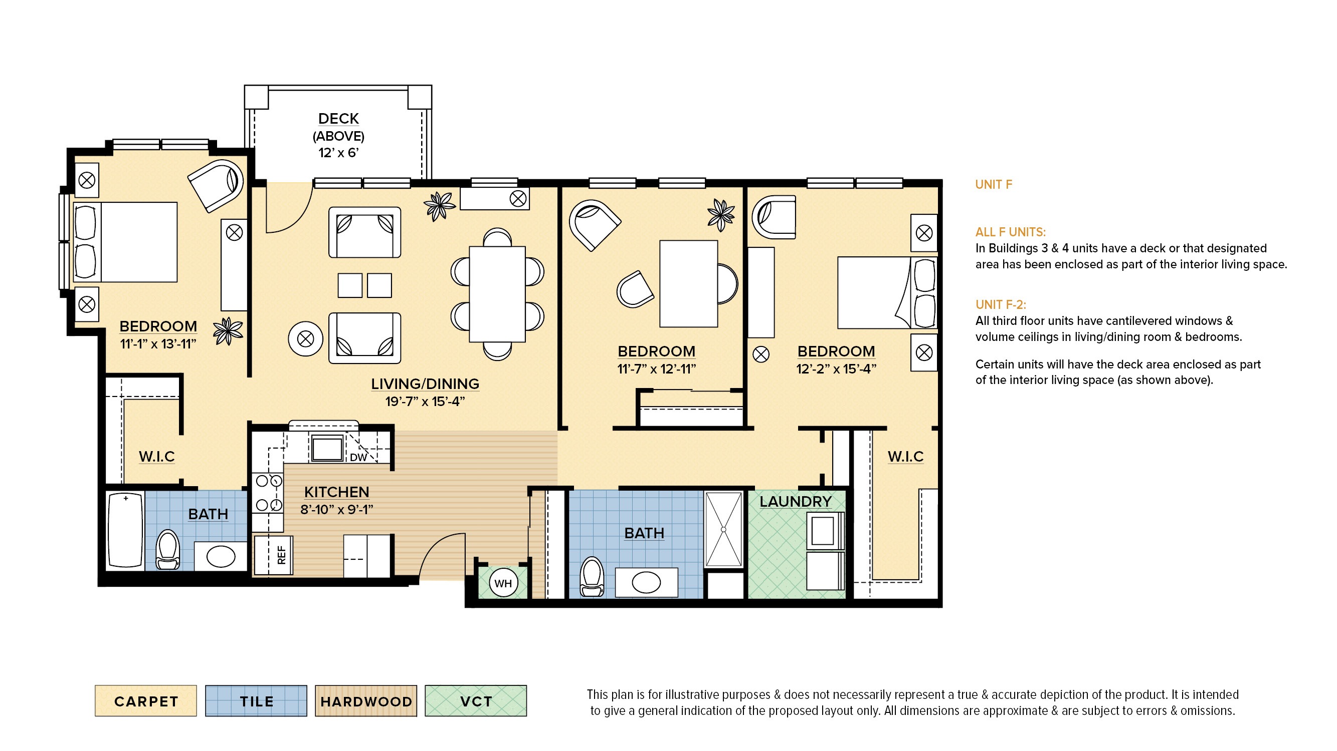 The Franklin 55+ active adult apartment floor plan with 3 bedrooms, 2 baths, and a patio/balcony