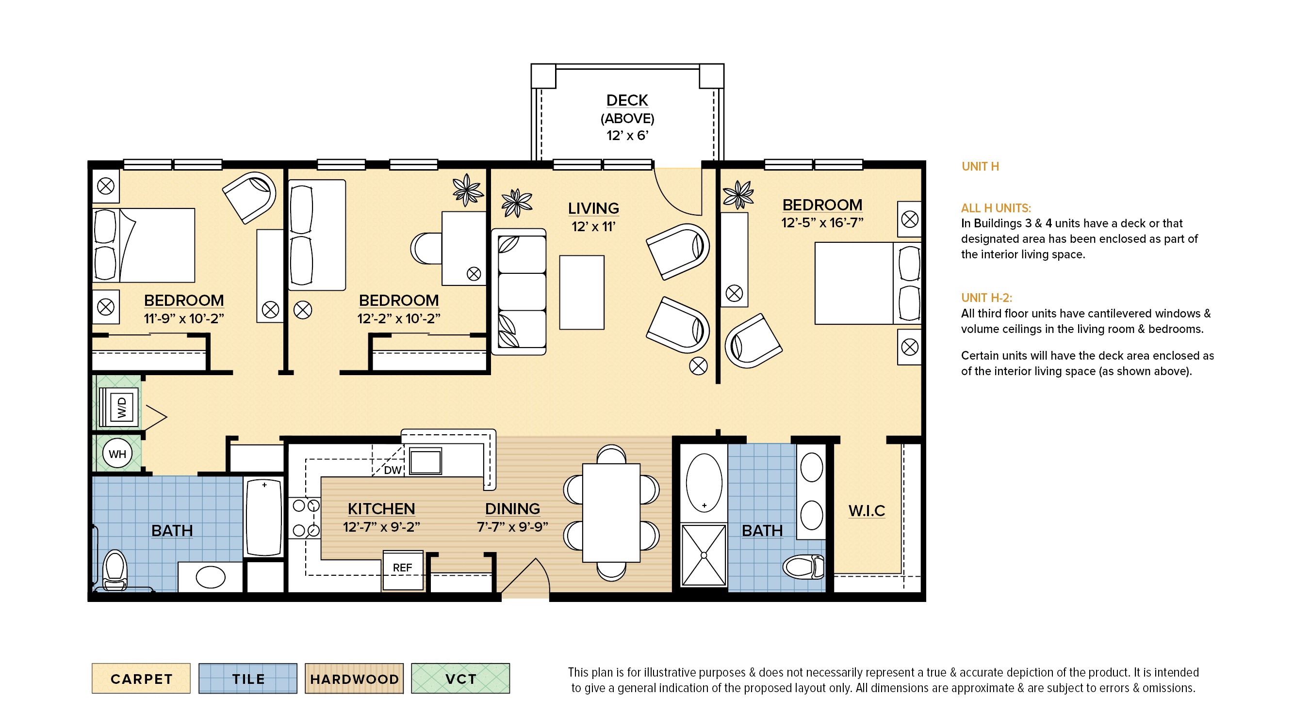 The Hanover 55+ active adult apartment floor plan with 3 bedrooms, 2 baths, and a patio/balcony