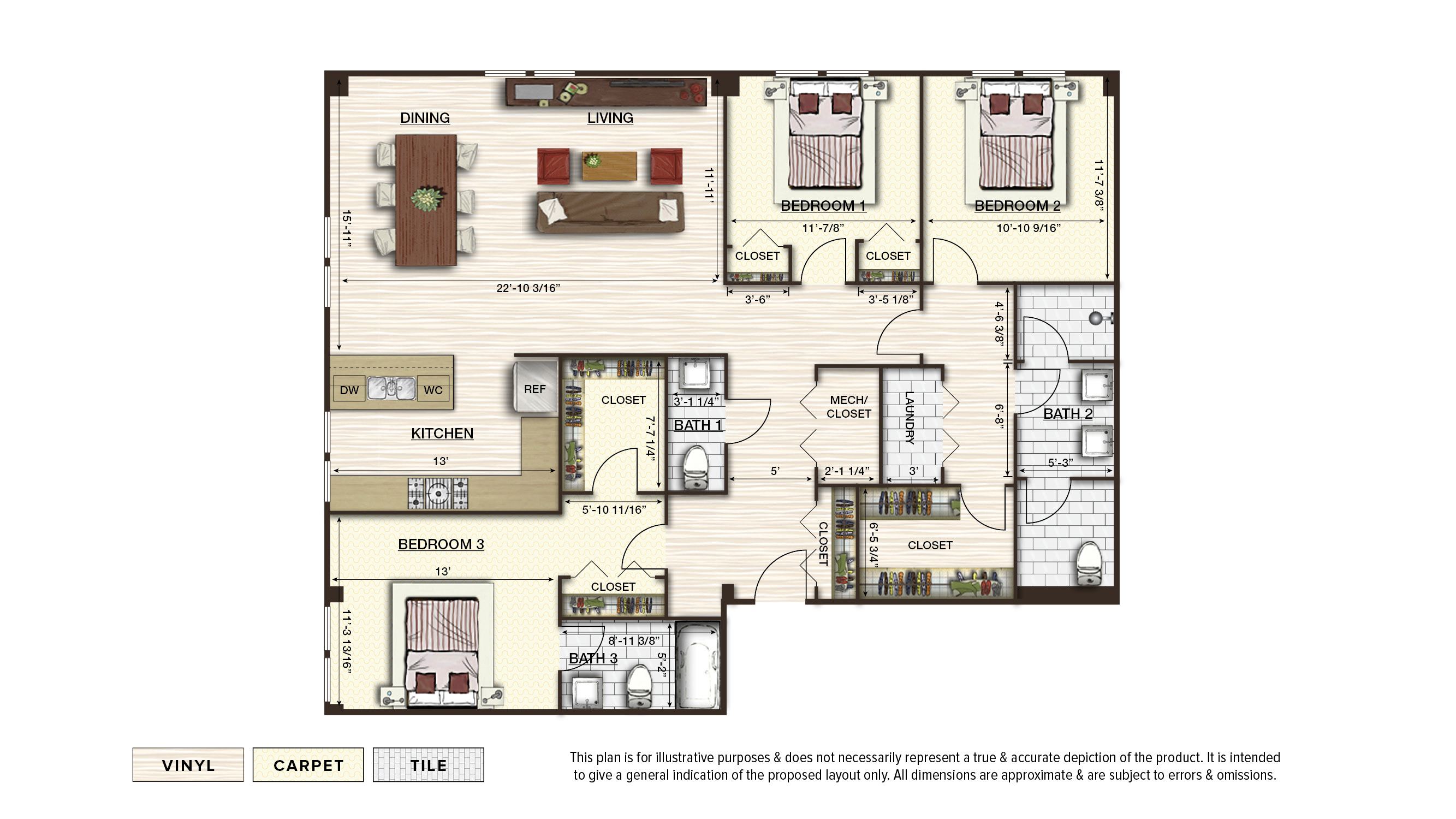 The Peak penthouse floor plan with 3 bedrooms and 2.5 baths