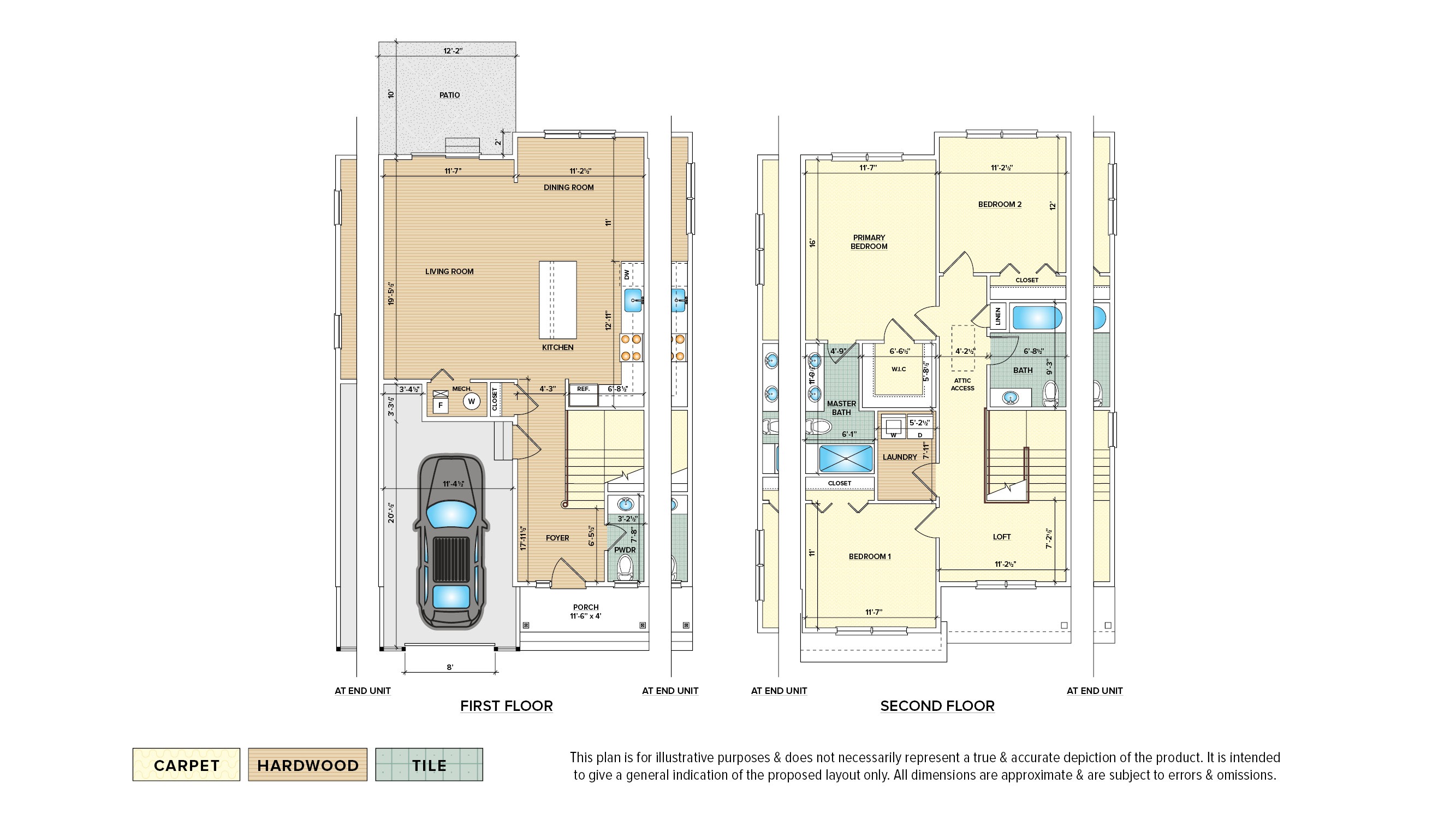 Townhome floor plan with 3 bedrooms, 2.5 baths, and a 1-car garage,,,,,,,,,,,