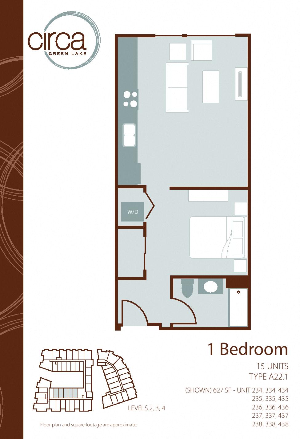 Floor plan layout diagram for Open 1 Bedroom 1 Bath A22.1