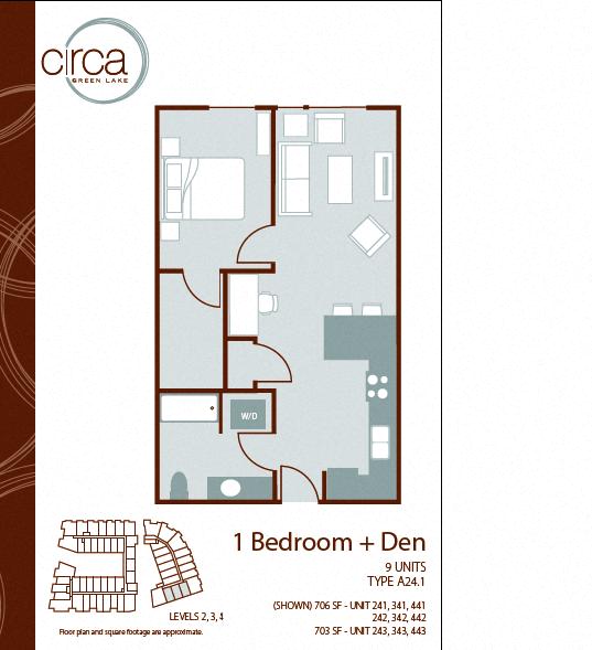 Floor plan layout diagram for 1 Bedroom 1 Bath + Den - A24.1