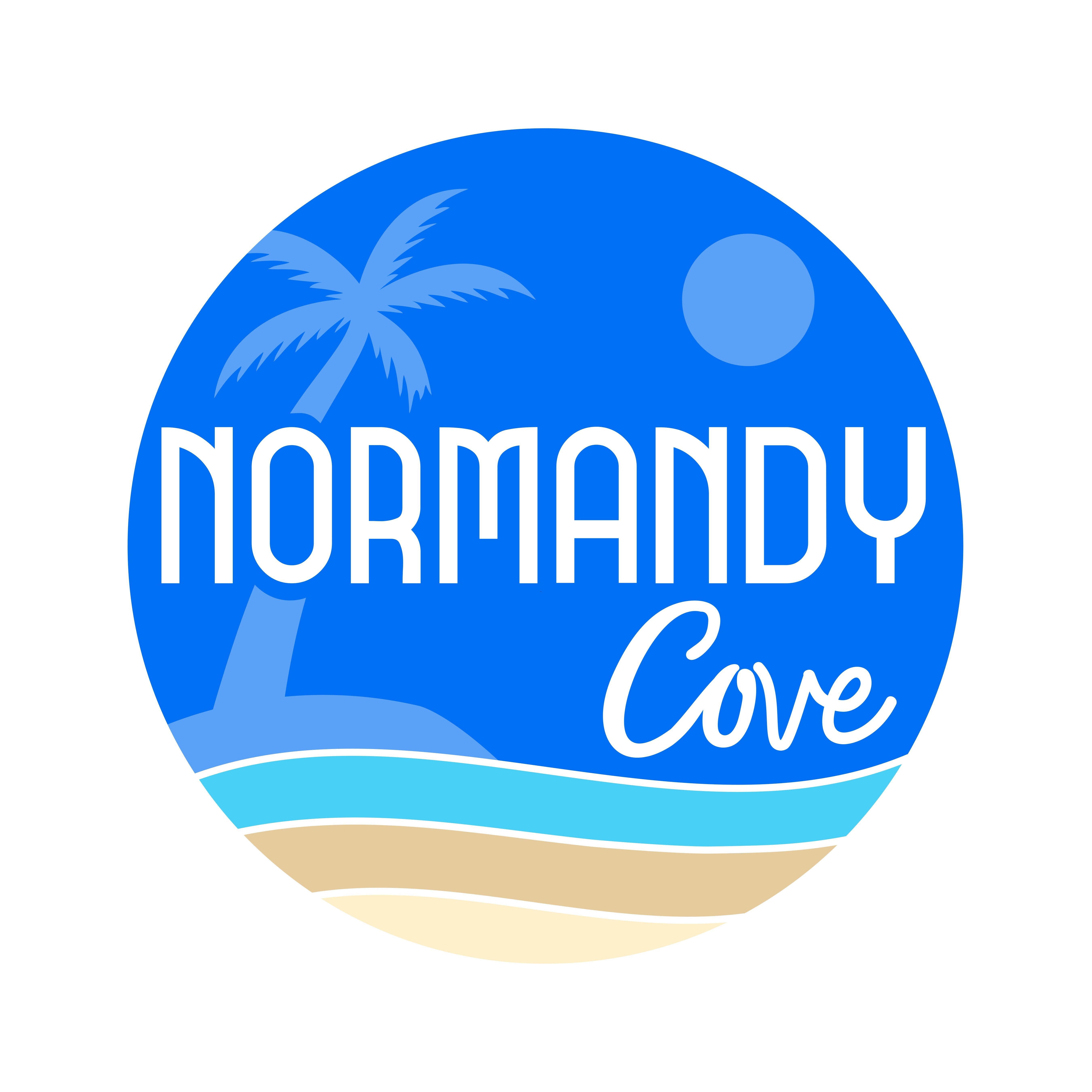 A logo with a palm tree and the words "Normandy Cove" in white.